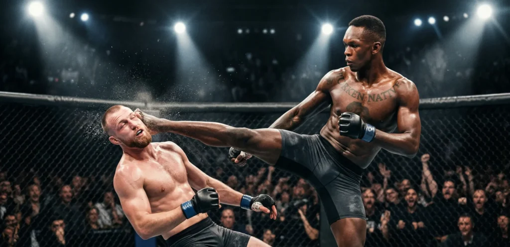 Israel Adesanya lanza una patada alta durante un combate de UFC