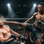 Israel Adesanya lanza una patada alta durante un combate de UFC