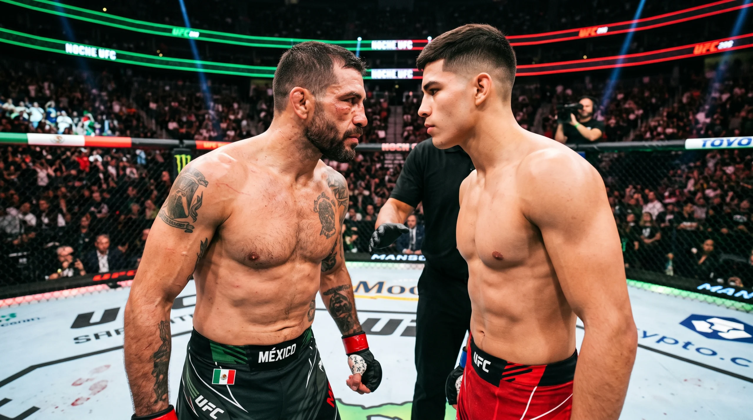 Texto alternativo (Alt Text): Brandon Moreno y Joseph Morales frente a frente en el octágono durante Noche UFC, iluminado con colores mexicanos.