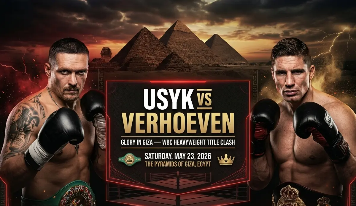 Oleksandr Usyk y Rico Verhoeven ante las pirámides de Guiza